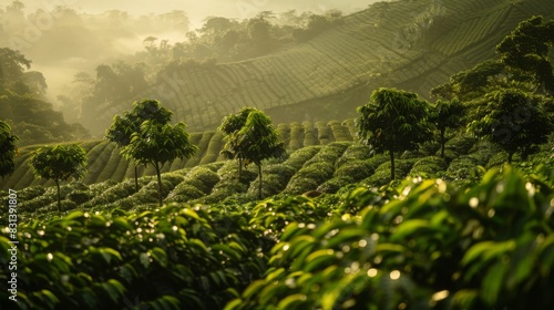Glistening tea plants bask in morning sunlight with a misty backdrop, creating a serene and fertile rural scenery.