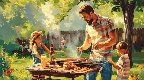 A father is grilling food on a barbecue in a sunny backyard while his two children watch