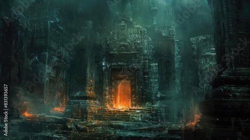 Ancient ruins with torchlit corridors and hidden chambers, dark tones, realistic, highdetail illustration, mysterious and adventurous,