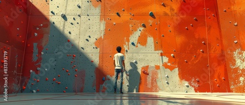 illustration a man looking on climbing gym wall.
