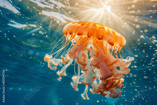 jellyfish swimming , beautiful isolated jellyfish in the ocean