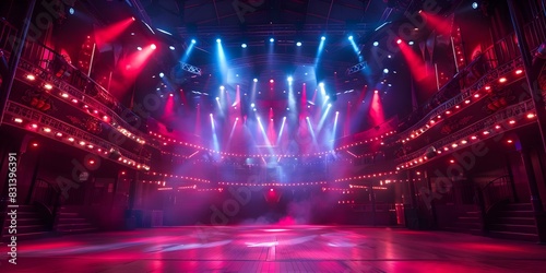 The title can be changed to: "Colorful Circus Interior Illuminated by Dazzling Lights During an Incredible Performance". Concept Circus Performance, Colorful Lighting, Interior Decor