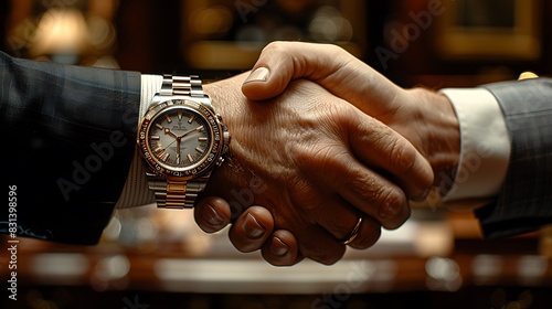 Candid close-up of a business handshake, emphasizing the spontaneous moment of agreement, detailed textures of hands, luxurious wristwatches, blurred office backdrop.