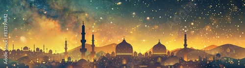 Silhouette of an Islamic city with majestic domes and ornate minarets. Cultural heritage in vintage graphic style