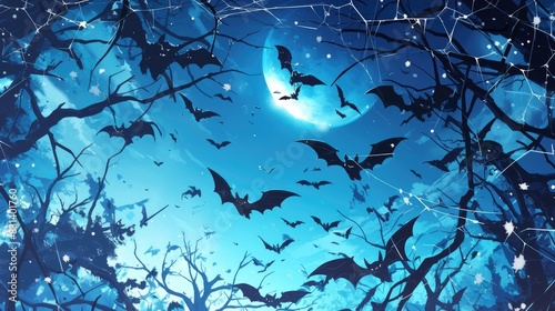 On Halloween night envision bats silhouetted against the moonlit sky weaving through a mystical web