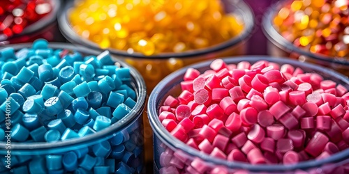 Colorful plastic pellets for recycling reuse and manufacturing promoting separate waste collection in a creative way. Concept Plastic Recycling, Waste Management, Creative Reuse