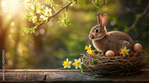 Easter background with eggs in ne eaf ,easter nest with eggs and chickens ,easter bunny in a basket with eggs