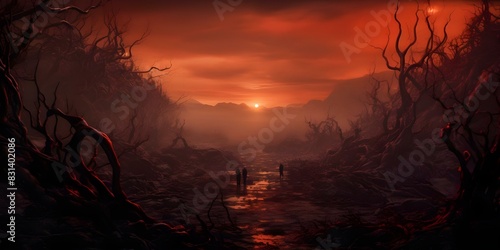 Illuminated by eerie red tendrils, a desolate wasteland is transformed by surreal radiance. Concept Surreal Landscape, Eerie Red Tendrils, Desolate Wasteland, Surreal Radiance, Transformation