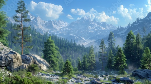 Trees in forest of mountain range, towering over rugged rocks and mountains with clear blue skies. A look between trees in the shadow of clouds at a high mountain peak.