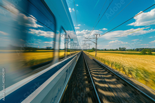 A high-speed train in motion reflected on its own window while traveling through vibrant yellow fields under a blue sky