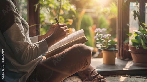 Person basking in the sun, reading a book or writing in a diary, capturing tranquil moments