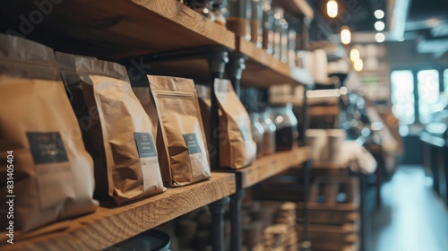 Shelves in a cozy, modern cafe adorned with various packaged coffee bags, illuminated by soft daylight. Other coffee-related accessories and decor items are also visible.