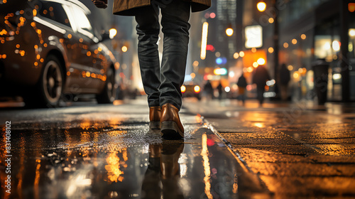 A person wearing brown shoes is walking on a wet sidewalk at night.