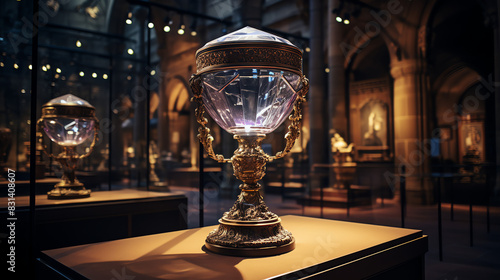 A blue goblet sits on an altar in a dimly lit room.