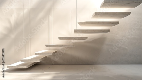 A minimalist staircase with steps that appear to be thin slices of natural stone, suspended in the air by invisible supports