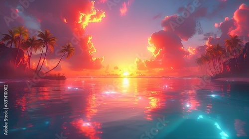 AI generated illustration of vibrant orange and pink sunset over ocean with silhouetted trees