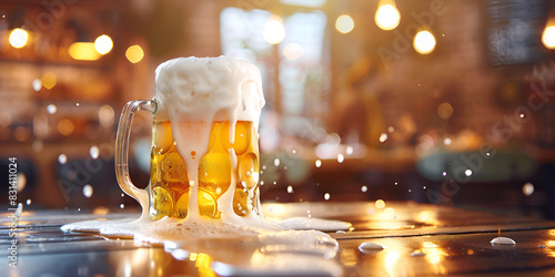 A mug of beer sits on a wooden table in a bar bokeh effect