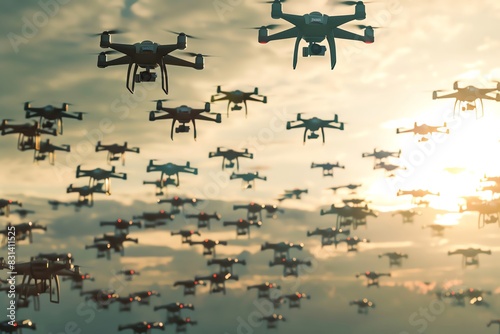 A swarm of drones flying in a formation, controlled by AI