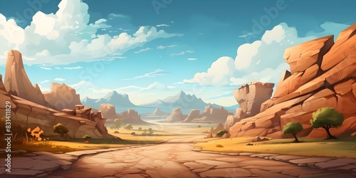 Illustration of a whimsical desert scene with a rocky, arid terrain and a vanishing asphalt road under the sun. Concept Desert Landscape, Whimsical Illustration, Rocky Terrain, Vanishing Road