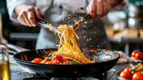 Chef tossing pasta in a pan with tomato sauce and fresh basil, creating a mouthwatering Italian dish for pasta lovers