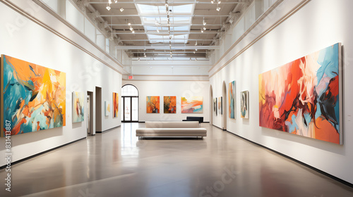 An art gallery with colorful abstract paintings on the walls and a sculpture in the foreground.