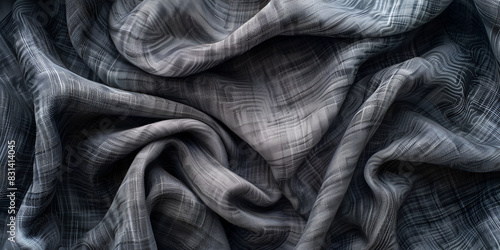 close-up of a dark gray fabric with a grid pattern The fabric has a wavy texture, creating an interesting pattern of light and shadow