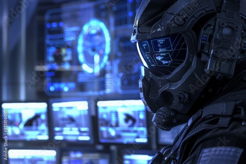 A close-up of a high-tech security vigilante with a helmet, focused on multiple sleek blue-lit surveillance screens in a control room.
