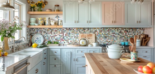 Bright coastal cottage kitchen with pastel cabinets, butcher-block countertops, and a colorful mosaic backsplash.