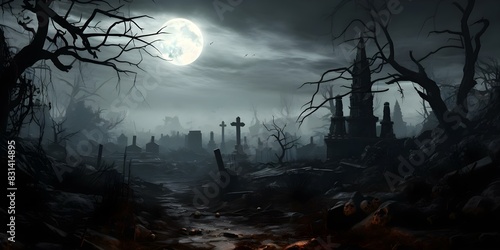 Create a spooky graveyard scene using a tilted angle and monochromatic palette to evoke fear. Concept Spooky Graveyard Scene, Tilted Angle, Monochromatic Palette, Fear-inducing Ambiance