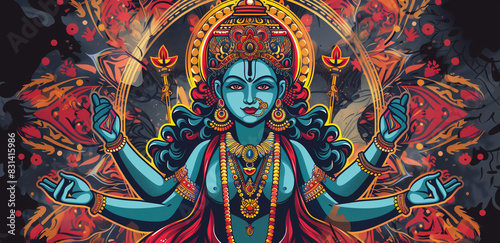 Indian Goddess Kali Maa in Traditional Attire with Vibrant Background.