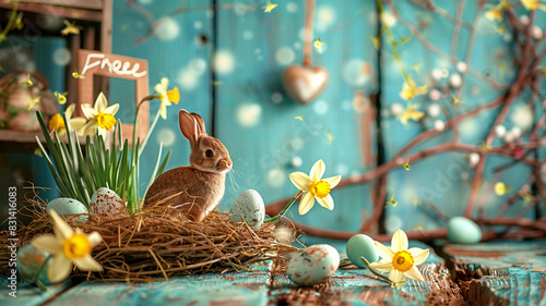 Easter background with eggs in ne eaf ,easter nest with eggs and chickens ,easter bunny with easter eggs
