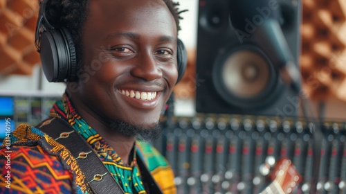 African Musician in Recording Studio, Vibrant Ethnic Attire, Professional Audio Equipment, Smiling Artist