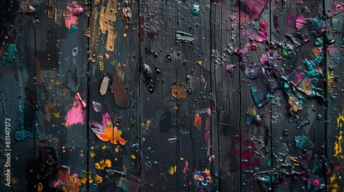 A high-resolution shot of a wooden surface covered in expressive oil paint stains, with rich textures and layers of vibrant colors blending together