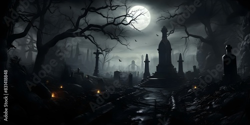 Creating a Spooky Graveyard Scene with a Tilted Angle and Monochromatic Palette to Evoke Fear. Concept Spooky Graveyard, Tilted Angle, Monochromatic Palette, Fear Evoke, Scene Creation