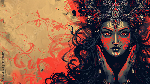 Illustration of Indian Goddess Kali Maa with Intense Expression and Ornate Details.