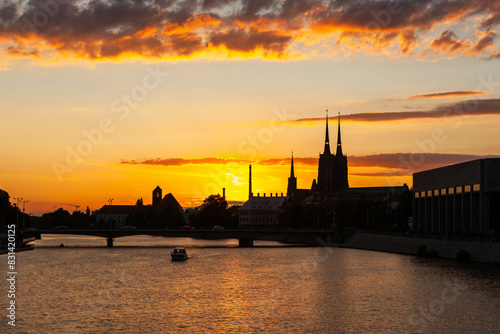 Odra river and Ostrov Tumski view at sunset in Wroclaw, Poland.
