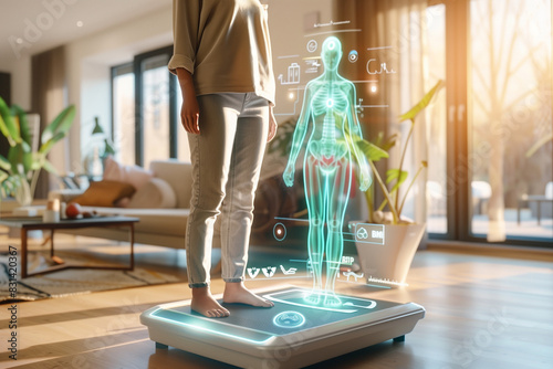 In a bright, well-lit home setting, a woman stands on a weighing scale with a holographic full-body scan projecting beside her. The scan includes various health indicators like hea