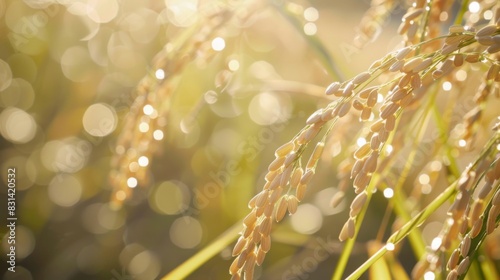 Close-up of ripe rice grains on the stalk, glistening in the sunlight as they sway gently in the breeze, ready for the harvest season