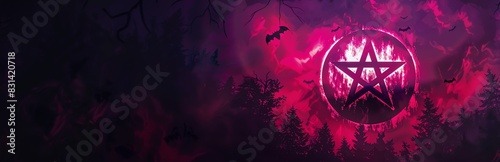 A vector banner illustration, Pink, gothic style Pentagram with silhouettes of bats, trees on smoky neon sky