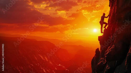 silhouette of a climber at the mountain summit during sunset highlights the ambition and inspiration of extreme rock climbing, with the orange sky as a backdrop