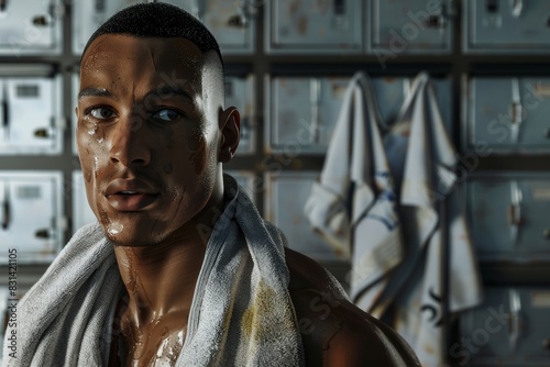 Olympic Boxer in Locker Room Before Match - Focused Expression with Towel Over Shoulders
