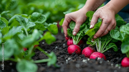 Individual kneeling in garden, picking ripe radishes from soil, harvesting fresh produce for consumption
