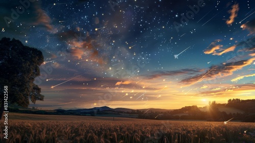 Composite image of shooting stars streaking across the sky above a tranquil countryside, blending natural beauty with celestial wonder