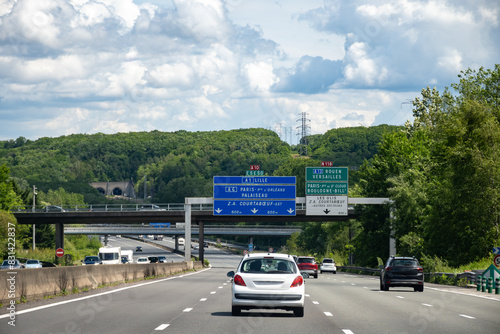 Driving on highway and road signs to Paris and other French cities, different types or roads in France, transportation and traffic