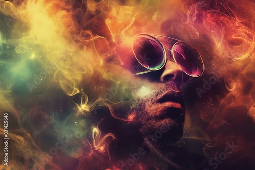 AI generated illustration of a man with sunglasses smokes, flames in background