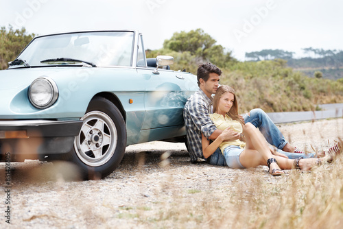 Nature, peace or couple relax on road trip on holiday together for break, love or adventure in park. Travel, convertible and calm people in car vehicle for outdoor vacation for journey or honeymoon