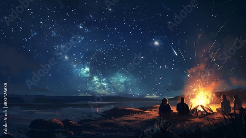 Group of friends gathered around a campfire, watching shooting stars in the night sky and making wishes on each passing one