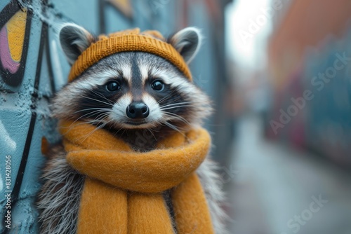 A raccoon dressed in a trendy outfit, sporting a yellow scarf and hat