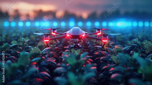 A modern drone with red lights flying over a crop field at dusk, showcasing advanced agricultural technology and innovation.