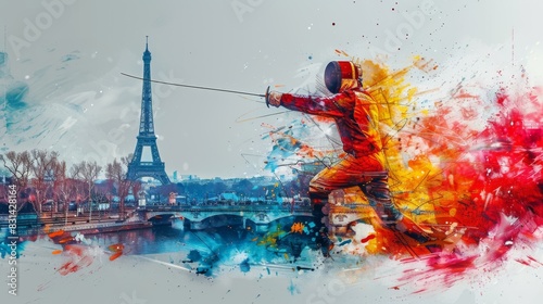 watercolor illustration, Summer Olympic Games in Paris, fencing, fencer with a foil against the backdrop of the Seine, Eiffel Tower, landmarks and city panorama, free space for text